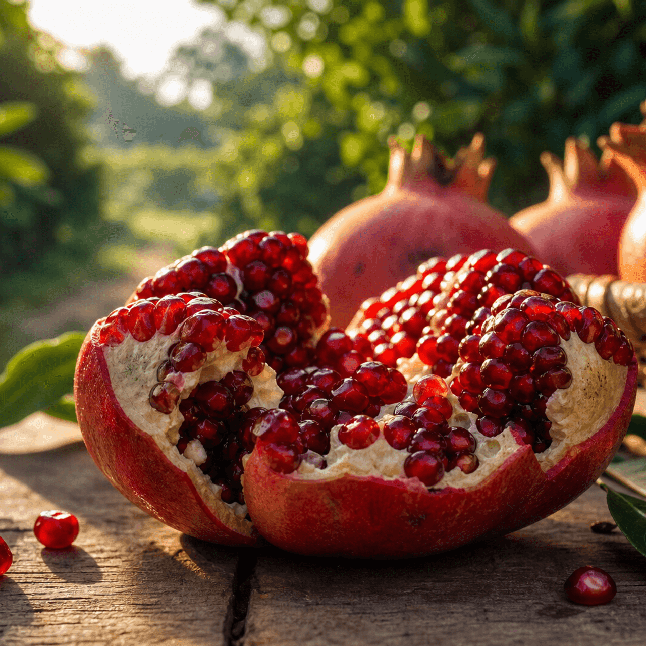 Fresh pomegranate split open at harvest